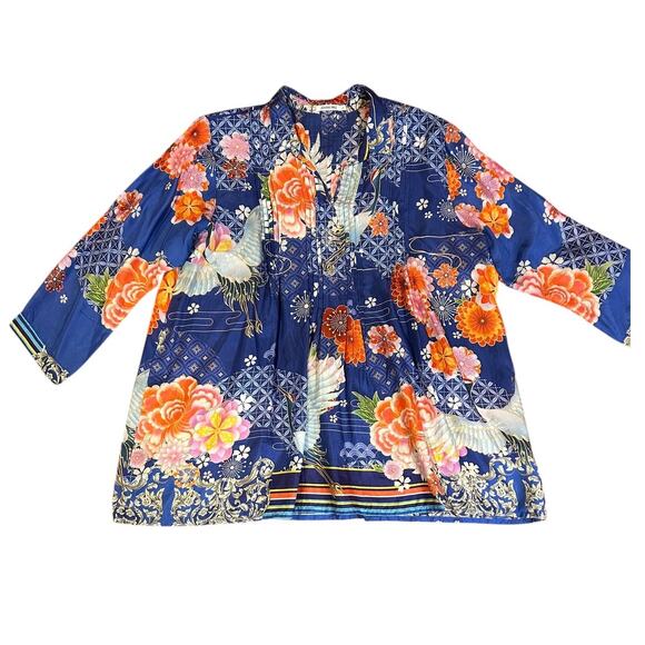 JOHNNY WAS Blue Pajaro Coddi 100% Silk Blue Floral Tunic Boho Top Women's LARGE - Picture 3 of 14